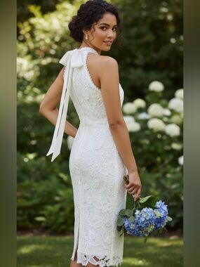 Petal & Pup Adalyn Lace Halterneck Sheath Dress with Bow Tie